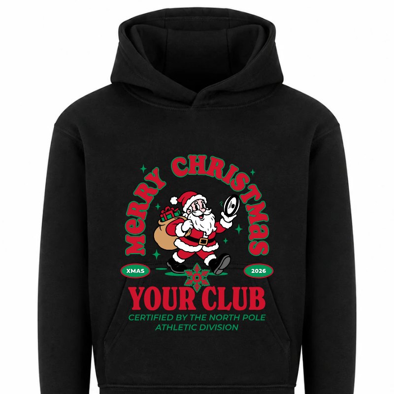 Black junior hoodie with the rugby Santa design