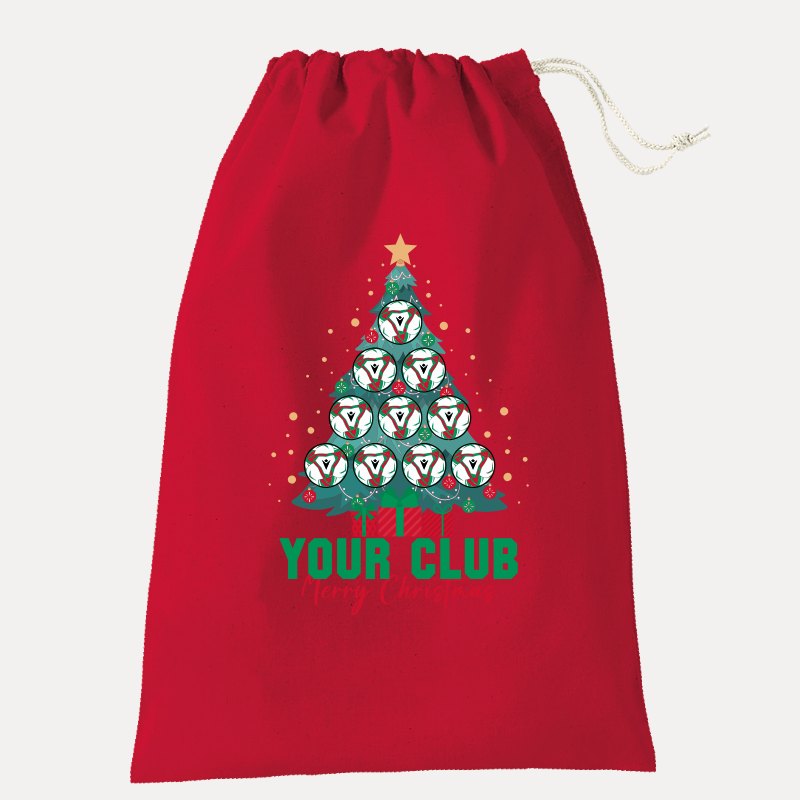 Red Christmas sack with a football tree design