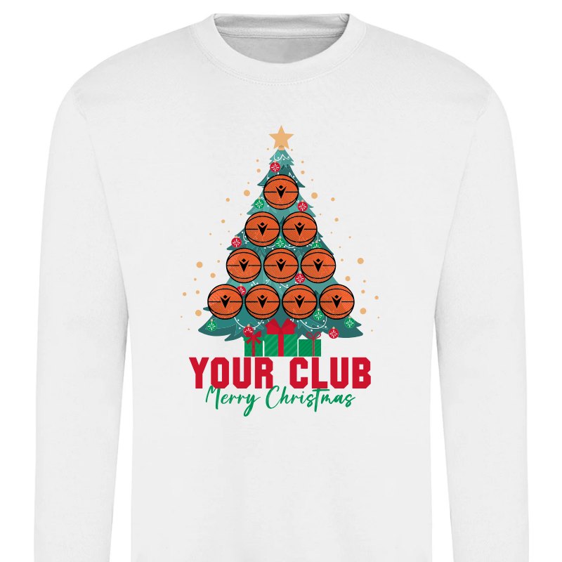 White adult sweatshirt with the basketball Christmas tree
